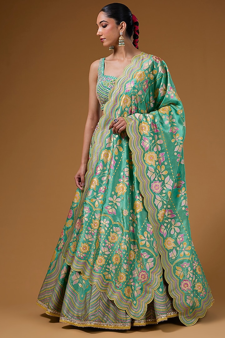 Green Silk Zari Blend Floral Hand Printed Wedding Lehenga Set by I Am Design at Pernia's Pop Up Shop