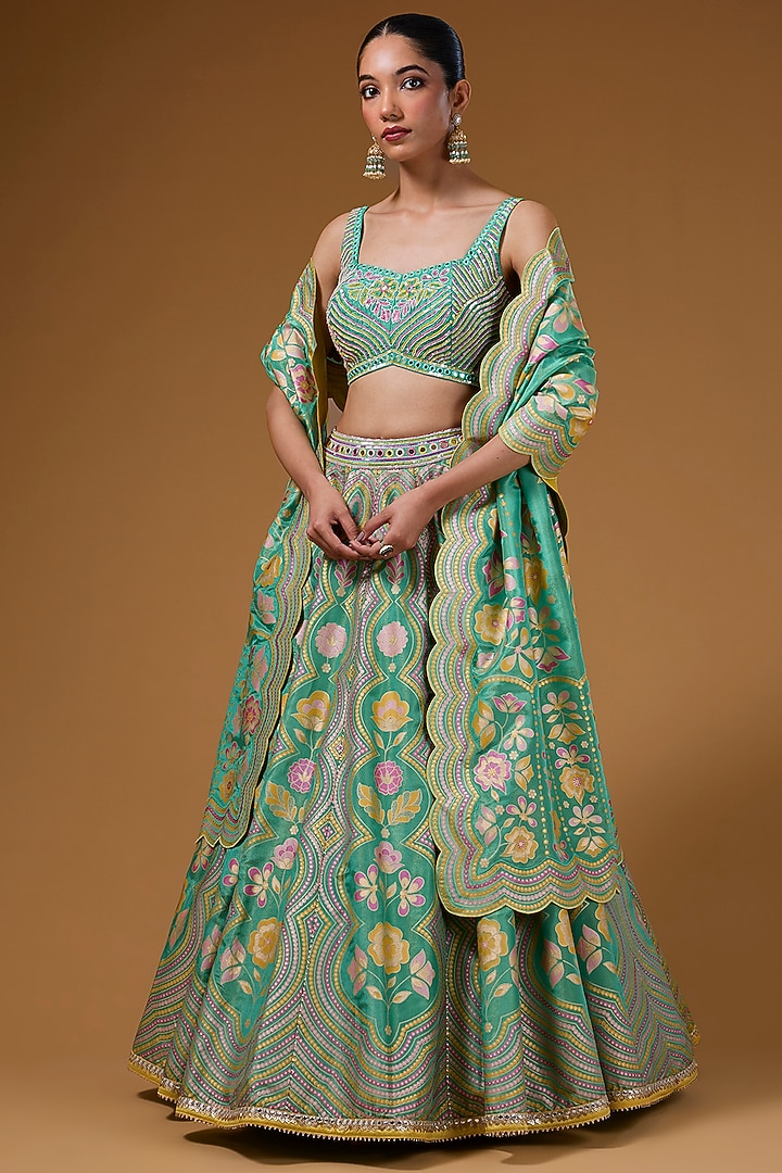 Green Silk Zari Blend Floral Hand Printed Wedding Lehenga Set by I Am Design at Pernia's Pop Up Shop