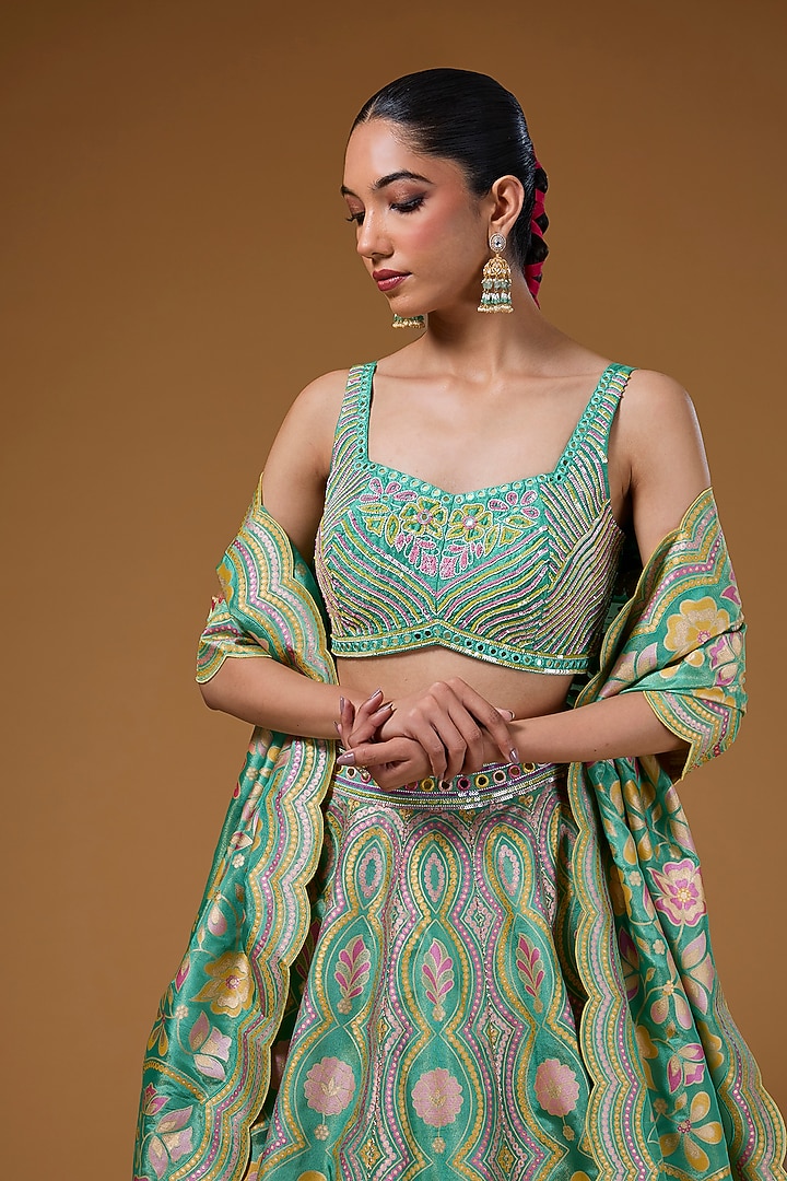 Green Silk Zari Blend Floral Hand Printed Wedding Lehenga Set by I Am Design at Pernia's Pop Up Shop