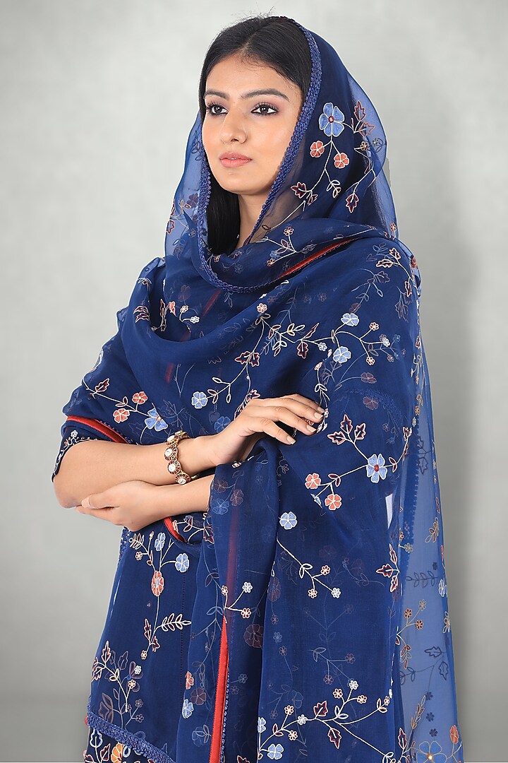 Dark Blue Linen Satin Floral Embroidered Kurta Set by I Am Design at Pernia's Pop Up Shop