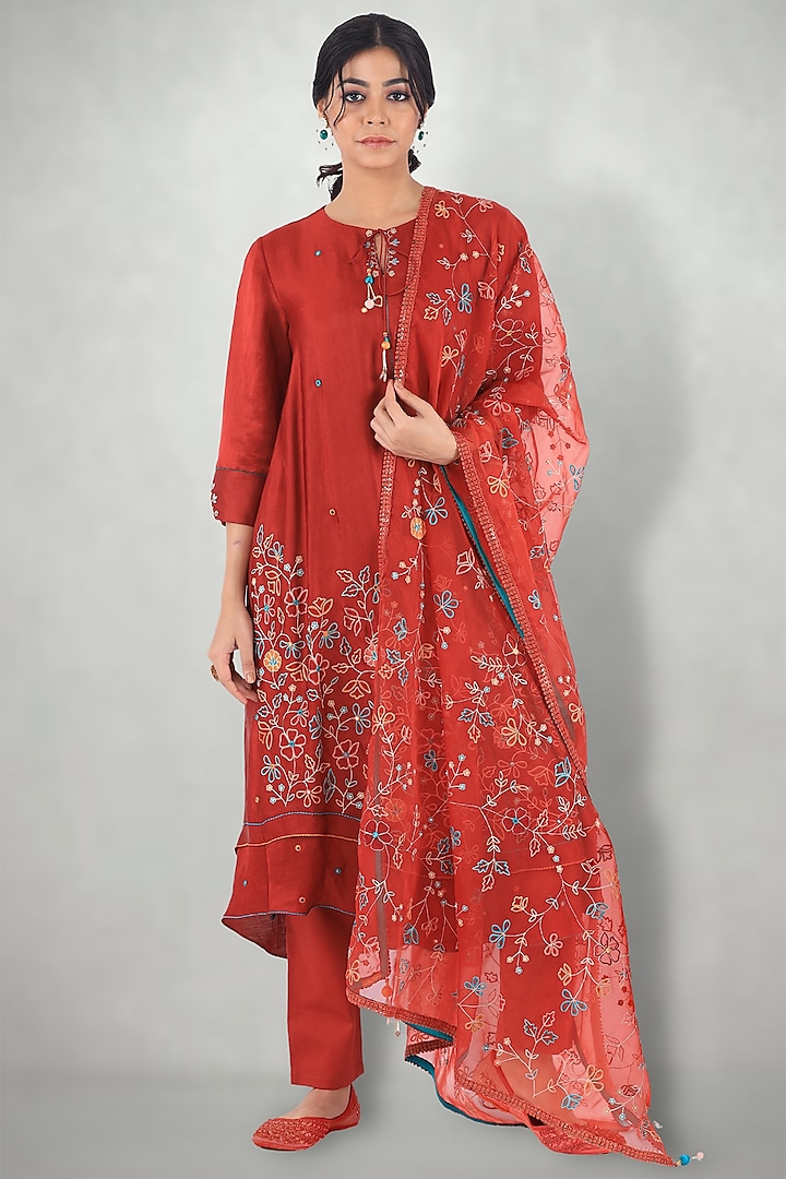 Rusty Red Embroidered Kurta Set by I Am Design