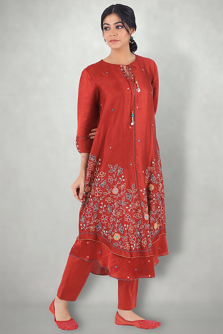 Rusty Red Embroidered Kurta Set by I Am Design at Pernia's Pop Up Shop