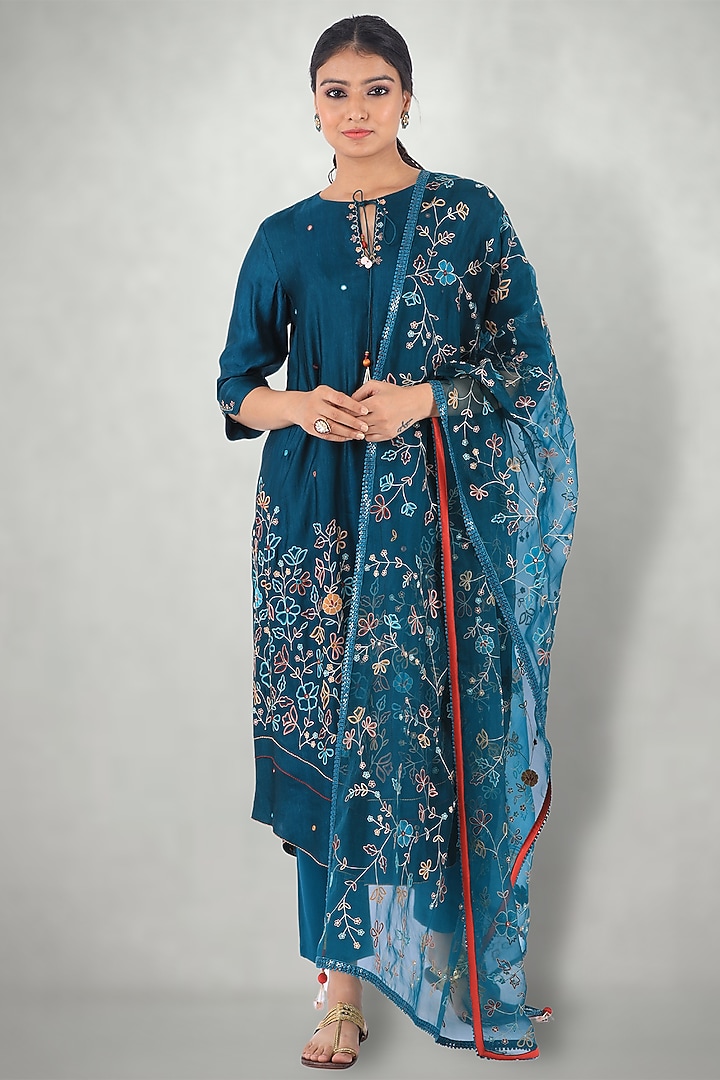 Teal Blue Embroidered Kurta Set by I Am Design at Pernia's Pop Up Shop
