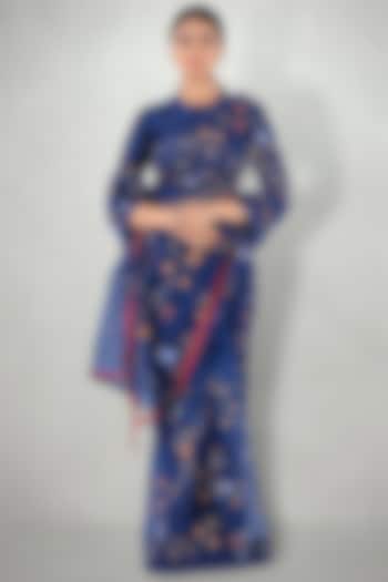 Dark Blue Embroidered Saree Set by I Am Design