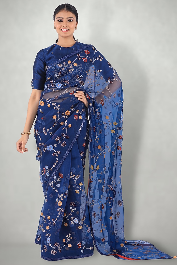 Dark Blue Embroidered Wedding Saree Set by I Am Design at Pernia's Pop Up Shop