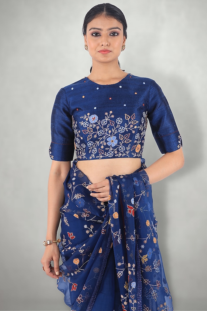 Dark Blue Embroidered Wedding Saree Set by I Am Design at Pernia's Pop Up Shop