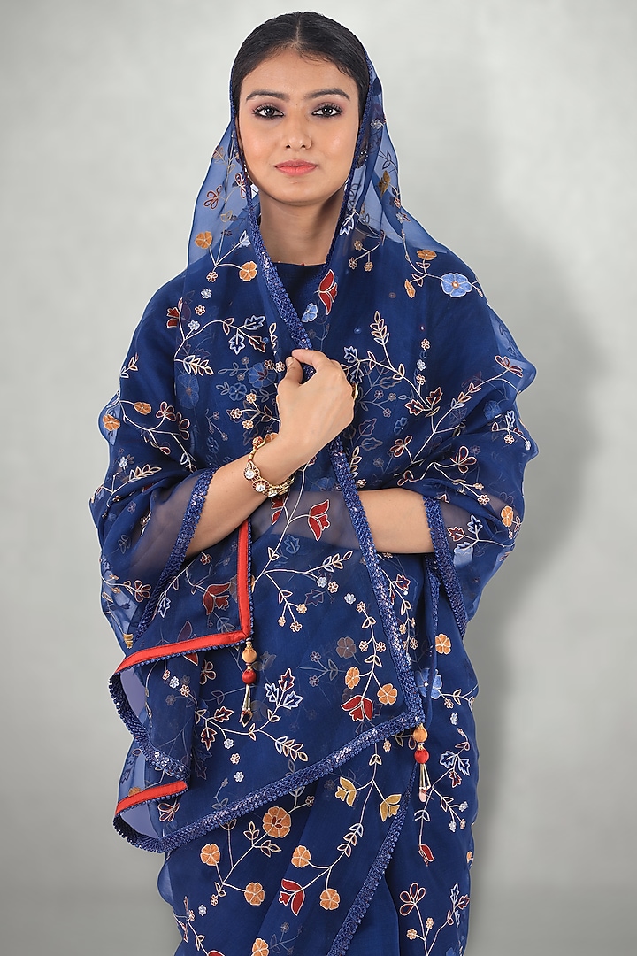 Dark Blue Embroidered Wedding Saree Set by I Am Design at Pernia's Pop Up Shop