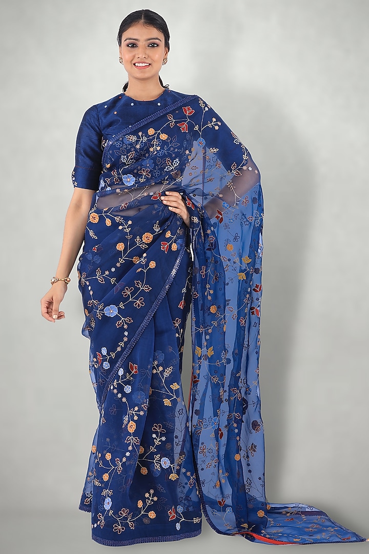 Dark Blue Embroidered Saree With Petticoat by I Am Design
