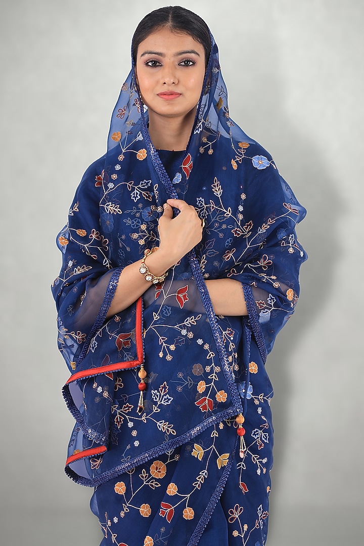 Dark Blue Embroidered Wedding Saree With Petticoat by I Am Design at Pernia's Pop Up Shop