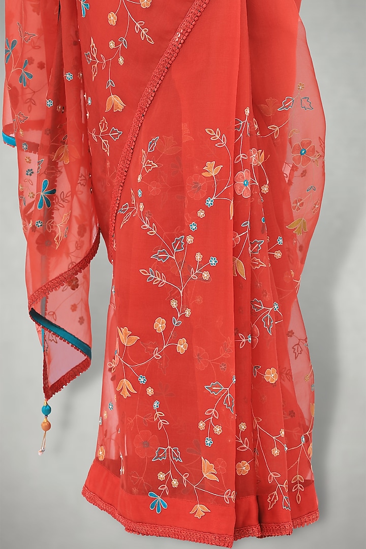 Rusty Red Embroidered Wedding Saree Set by I Am Design at Pernia's Pop Up Shop