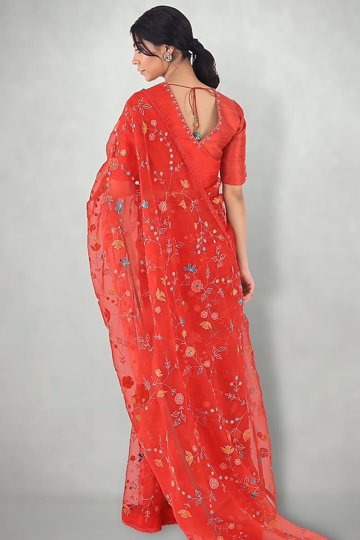 Rusty Red Embroidered Wedding Saree With Petticoat by I Am Design at Pernia's Pop Up Shop