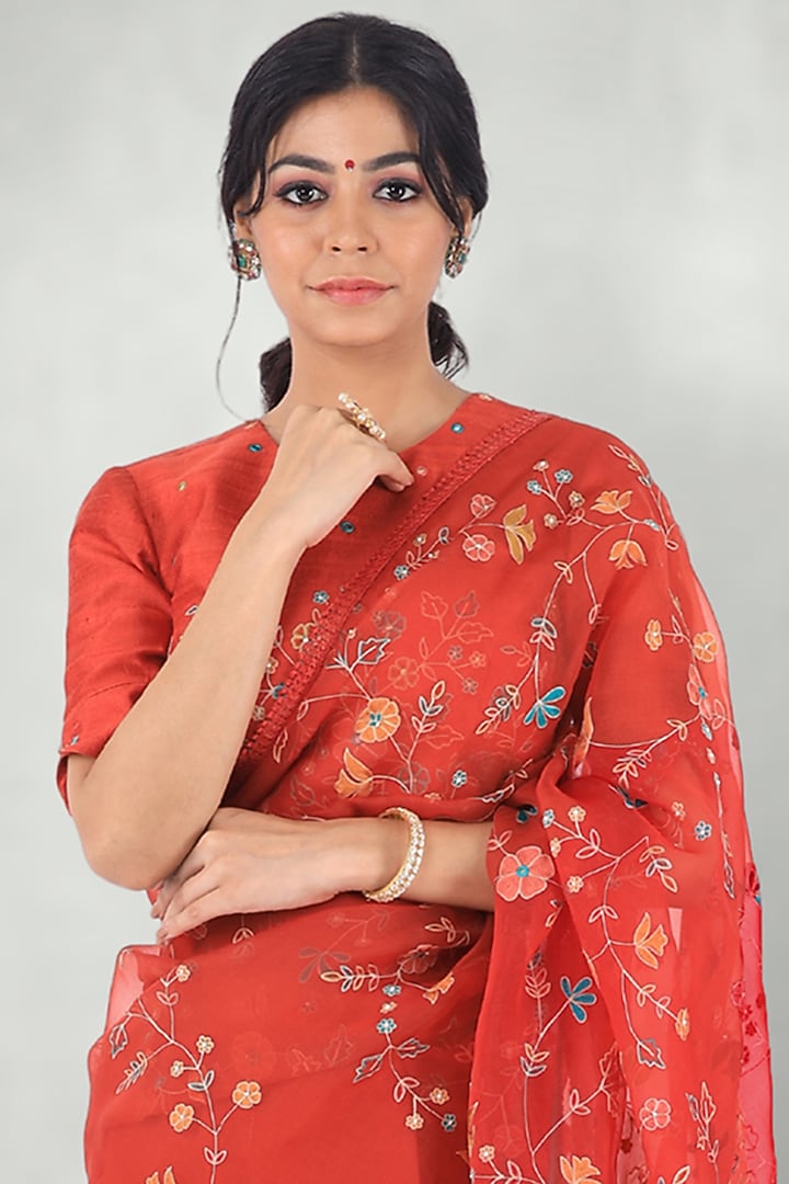 Rusty Red Embroidered Wedding Saree With Petticoat by I Am Design at Pernia's Pop Up Shop