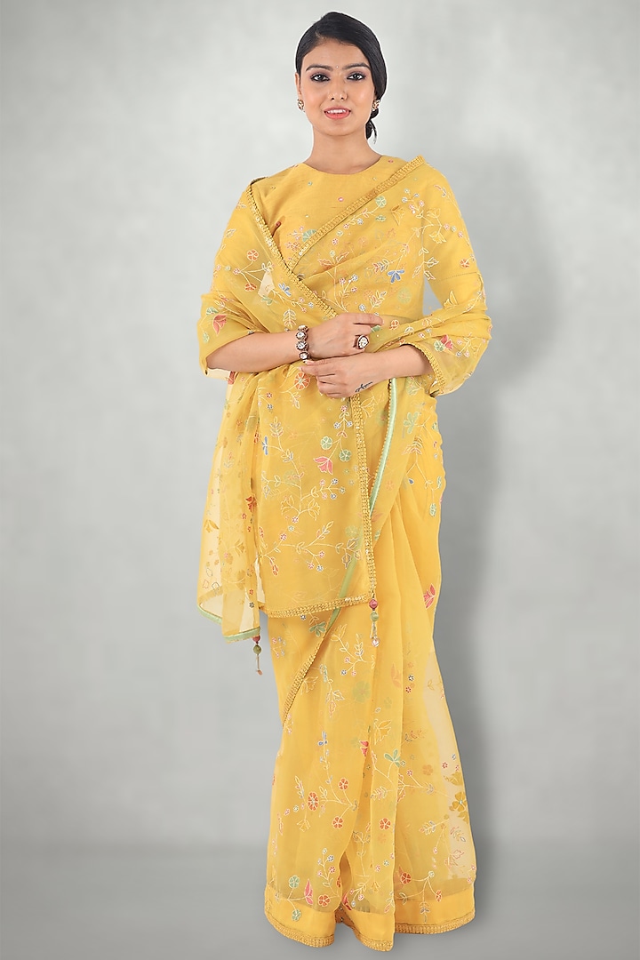 Mustard Embroidered Saree Set by I Am Design