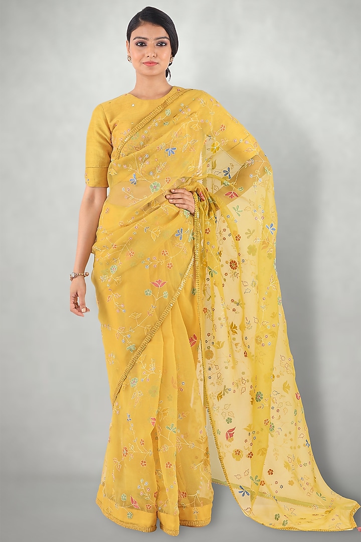 Mustard Embroidered Wedding Saree Set by I Am Design at Pernia's Pop Up Shop