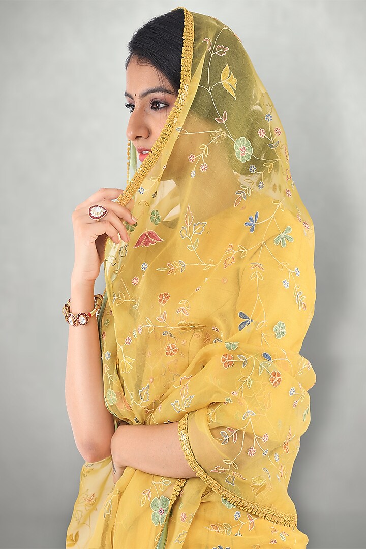 Mustard Embroidered Wedding Saree Set by I Am Design at Pernia's Pop Up Shop