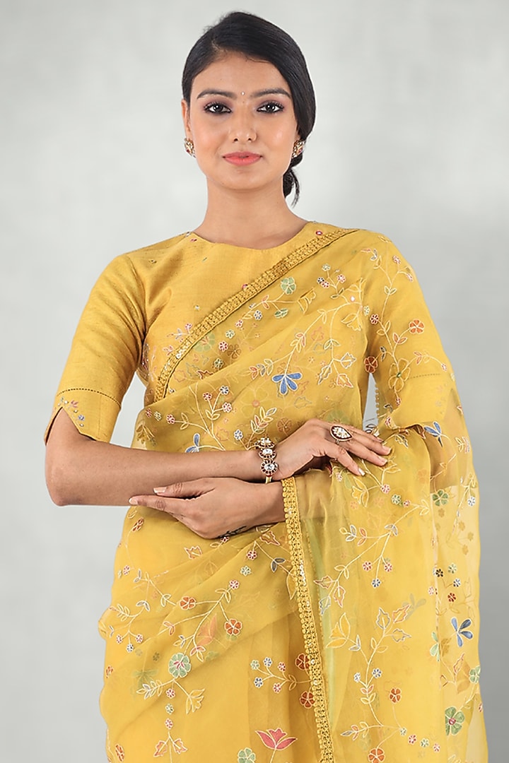 Mustard Embroidered Wedding Saree Set by I Am Design at Pernia's Pop Up Shop