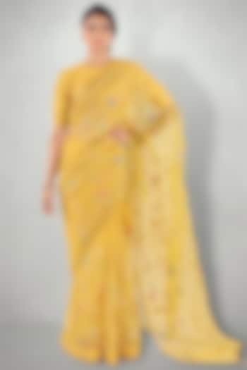 Mustard Embroidered Saree With Petticoat by I Am Design
