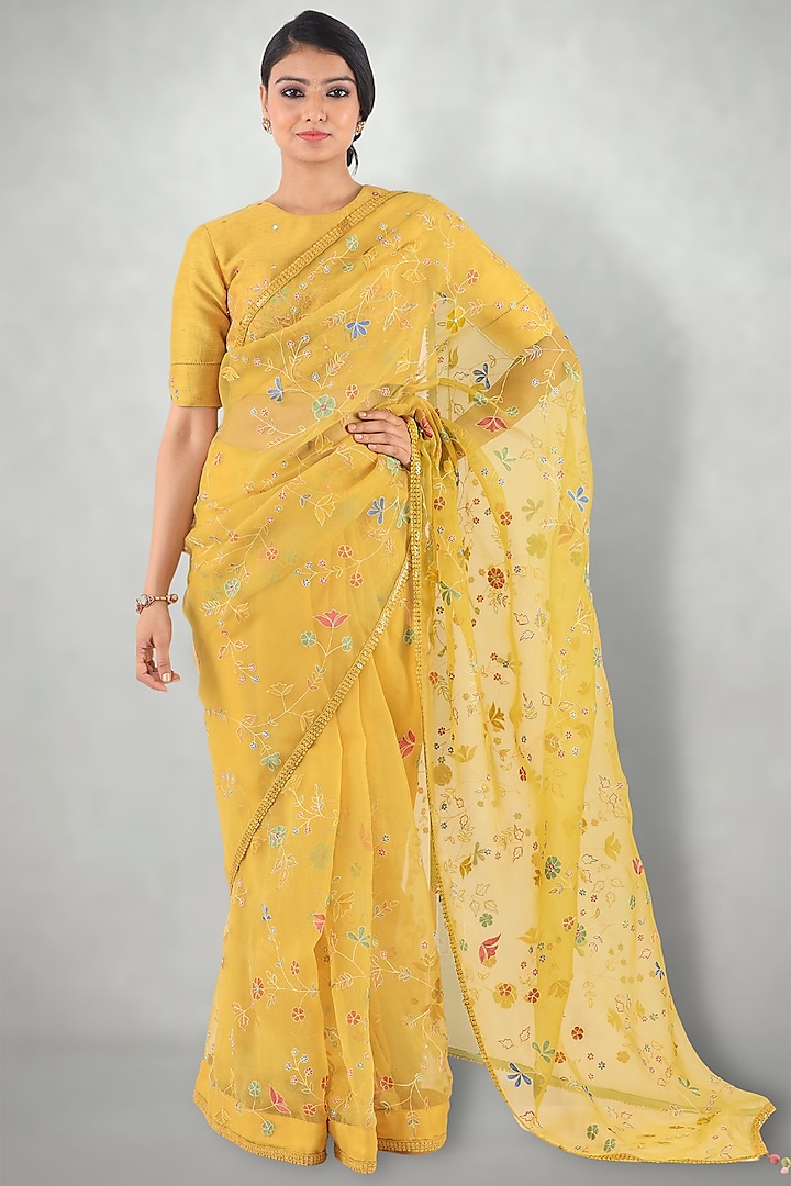 Mustard Embroidered Saree With Petticoat by I Am Design