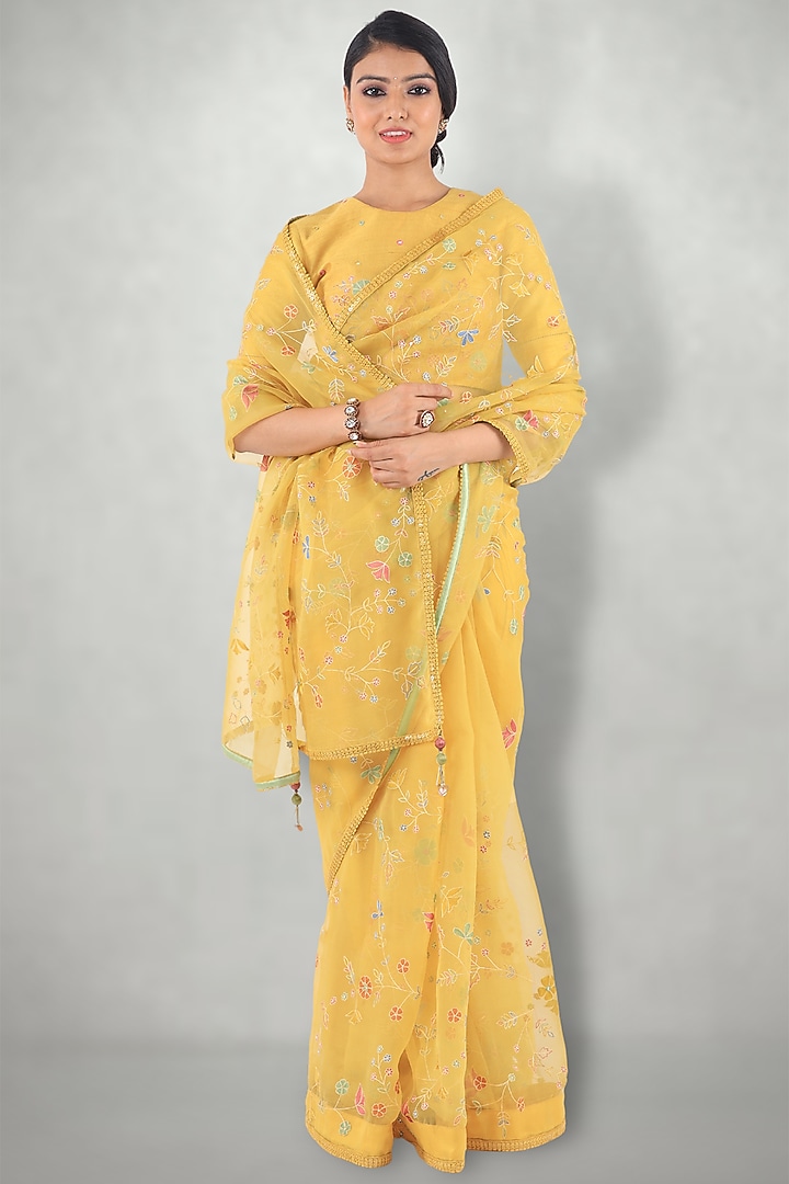 Mustard Embroidered Wedding Saree With Petticoat by I Am Design at Pernia's Pop Up Shop