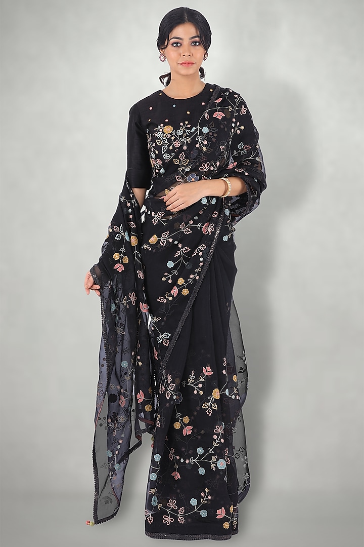 Black Embroidered Saree Set by I Am Design