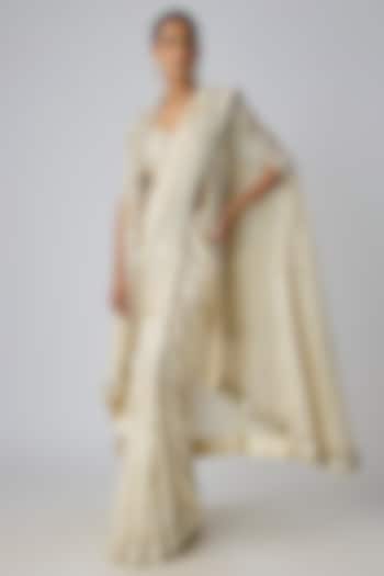 Ivory Georgette Embroidered Cape Reception Saree Set by I Am Design at Pernia's Pop Up Shop