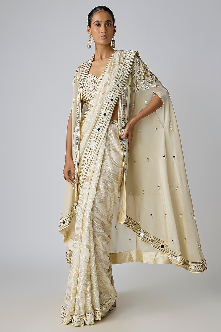 Ivory Georgette Embroidered Cape Reception Saree Set by I Am Design at Pernia's Pop Up Shop