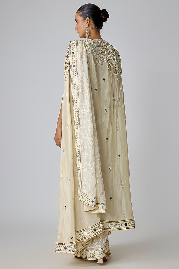 Ivory Georgette Embroidered Cape Reception Saree Set by I Am Design at Pernia's Pop Up Shop