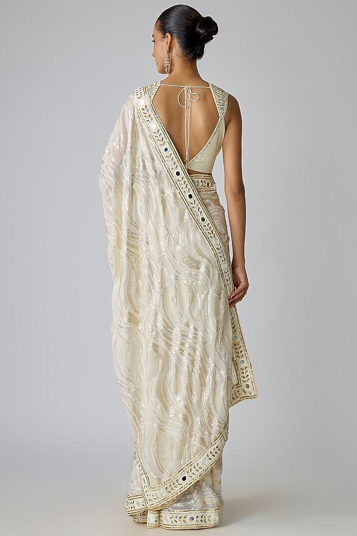 Ivory Georgette Embroidered Cape Reception Saree Set by I Am Design at Pernia's Pop Up Shop