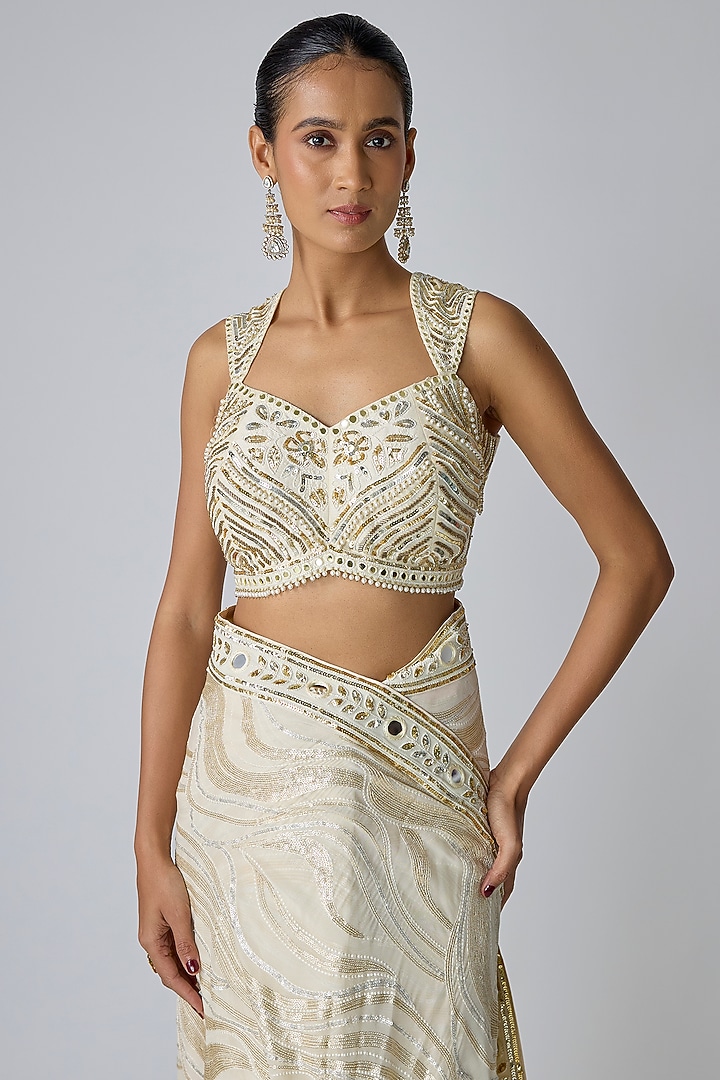 Ivory Georgette Embroidered Cape Reception Saree Set by I Am Design at Pernia's Pop Up Shop