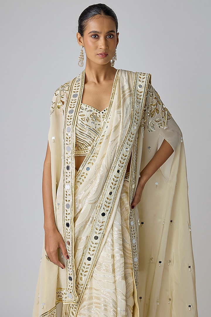 Ivory Georgette Embroidered Cape Reception Saree Set by I Am Design at Pernia's Pop Up Shop