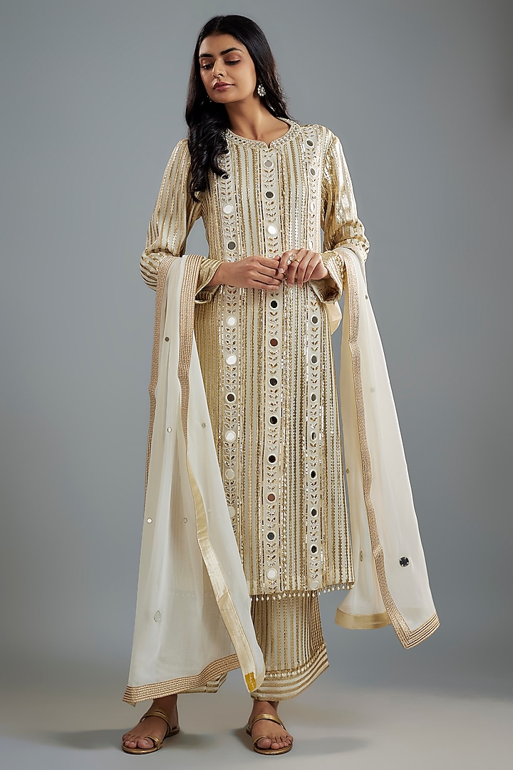 Ivory Georgette Hand Embroidered Kurta Set by I AM DESIGN