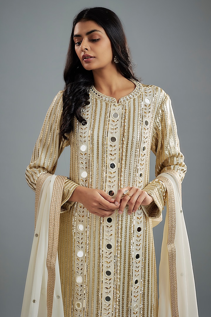 Ivory Georgette Hand Embroidered Kurta Set by I AM DESIGN at Pernia's Pop Up Shop