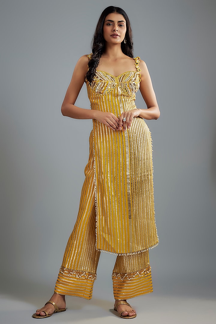 Mustard Georgette Hand Embroidered Kurta Set by I AM DESIGN at Pernia's Pop Up Shop