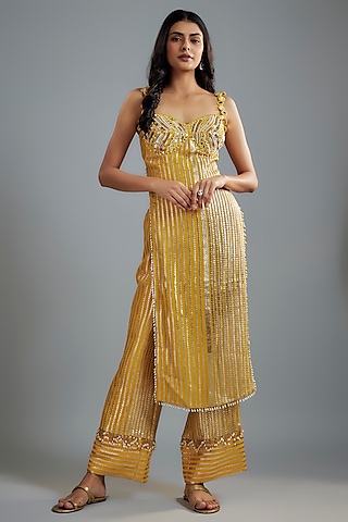 Mustard Georgette Hand Embroidered Kurta Set by I AM DESIGN