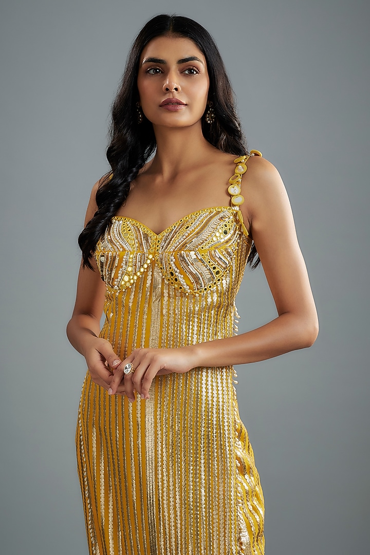 Mustard Georgette Hand Embroidered Kurta Set by I AM DESIGN at Pernia's Pop Up Shop