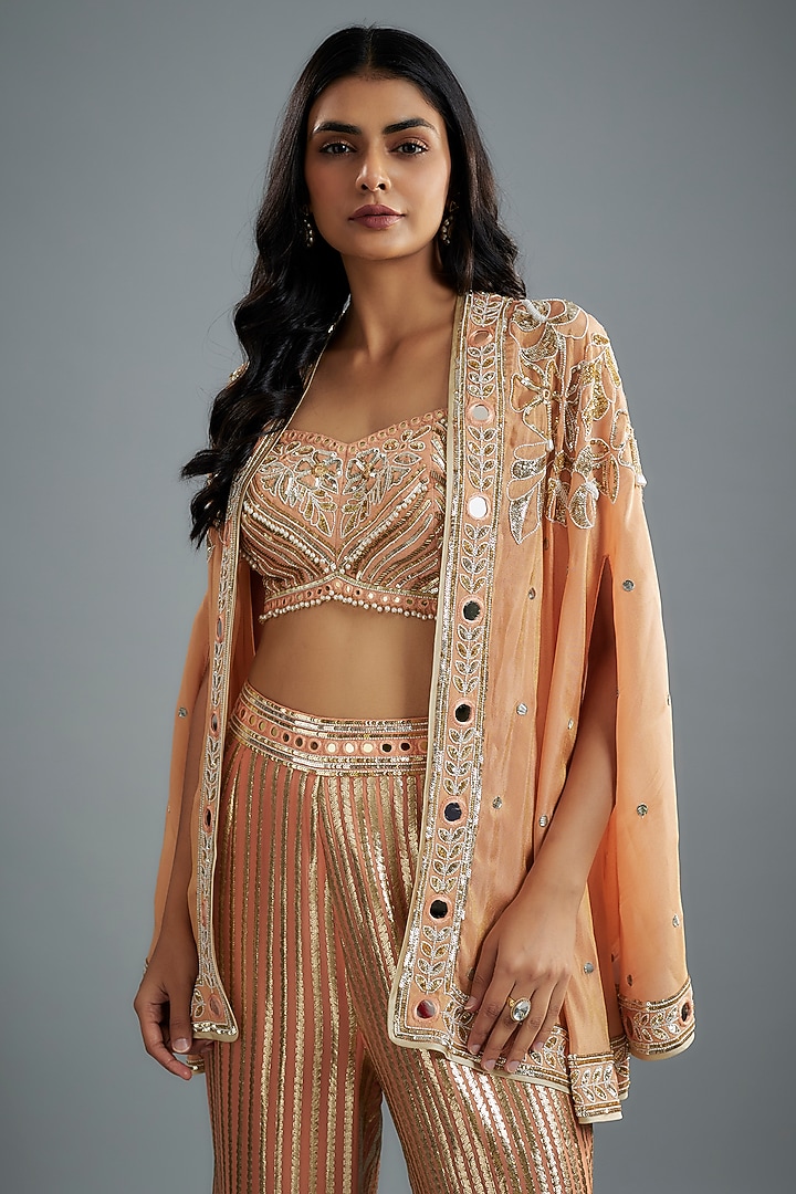 Peach Georgette Hand Embroidered Cape Set by I AM DESIGN at Pernia's Pop Up Shop