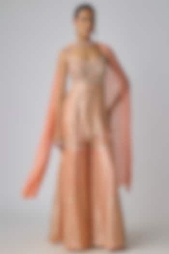 Peach Georgette Embroidered Short Kurta Set by I Am Design at Pernia's Pop Up Shop