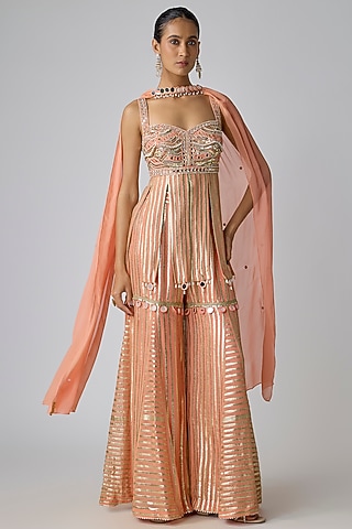 Peach Georgette Embroidered Short Kurta Set by I Am Design