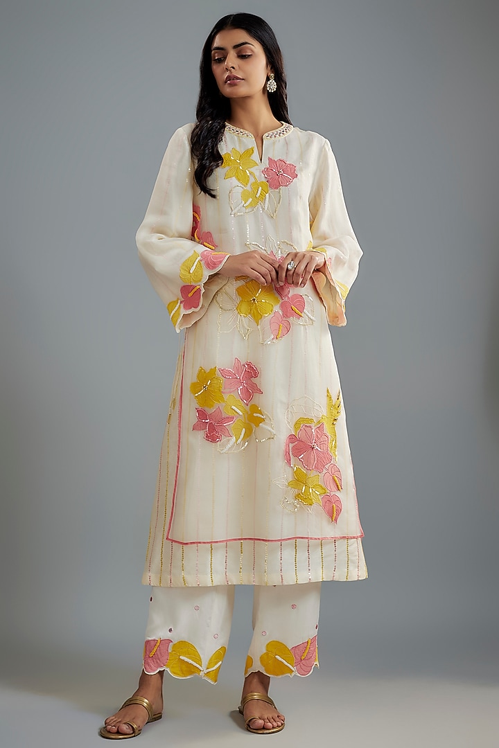 Ivory Silk Organza Sequins Work Layered Kurta Set by I AM DESIGN at Pernia's Pop Up Shop