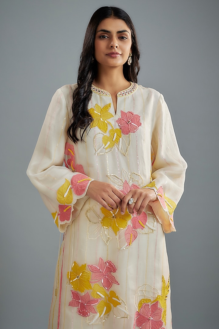 Ivory Silk Organza Sequins Work Layered Kurta Set by I AM DESIGN at Pernia's Pop Up Shop
