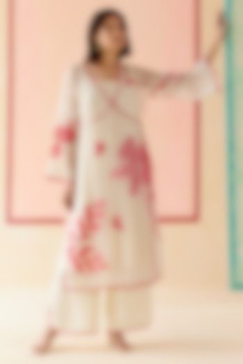 Ivory Silk Organza Floral Applique Work Angrakha Kurta Set by I AM DESIGN at Pernia's Pop Up Shop