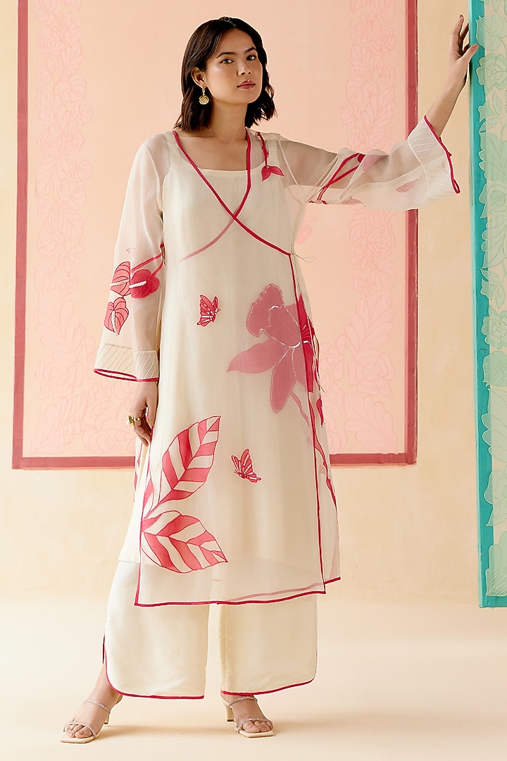 Ivory Silk Organza Floral Applique Work Angrakha Kurta Set by I AM DESIGN at Pernia's Pop Up Shop