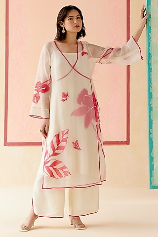 Ivory Silk Organza Floral Applique Work Angrakha Kurta Set by I AM DESIGN