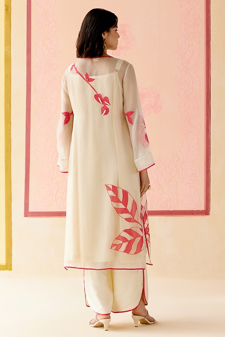 Ivory Silk Organza Floral Applique Work Angrakha Kurta Set by I AM DESIGN at Pernia's Pop Up Shop