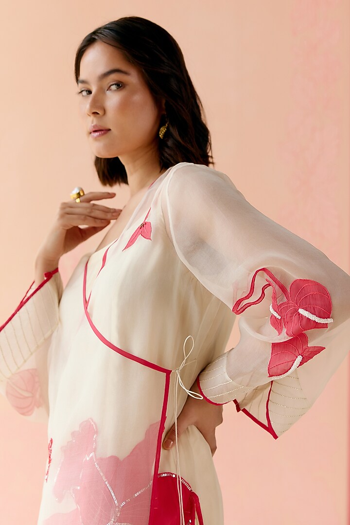 Ivory Silk Organza Floral Applique Work Angrakha Kurta Set by I AM DESIGN at Pernia's Pop Up Shop