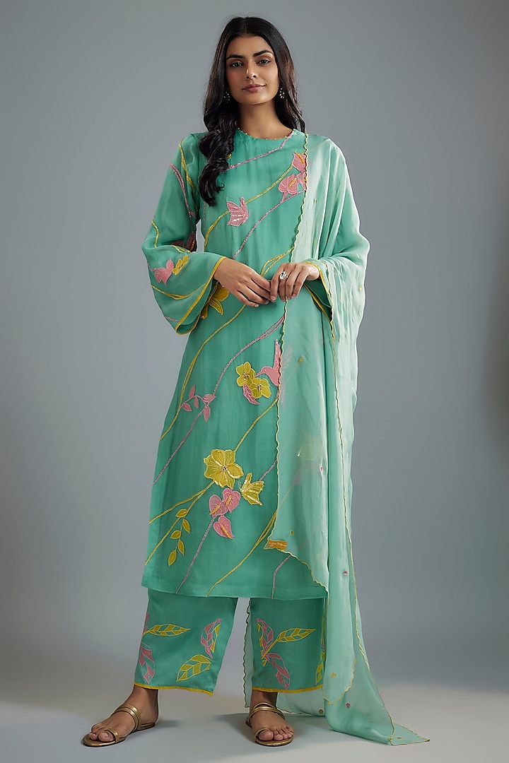 Mint Silk Organza Mirror Work Layered Kurta Set by I AM DESIGN at Pernia's Pop Up Shop