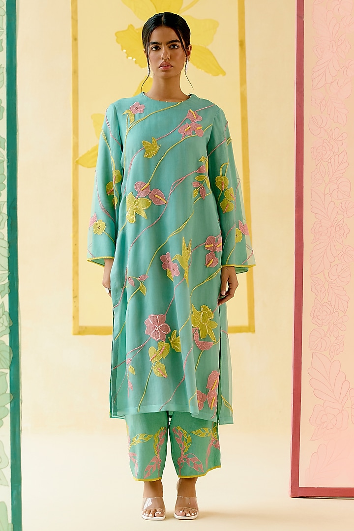Mint Silk Organza Floral Applique Work Kurta Set by I AM DESIGN at Pernia's Pop Up Shop