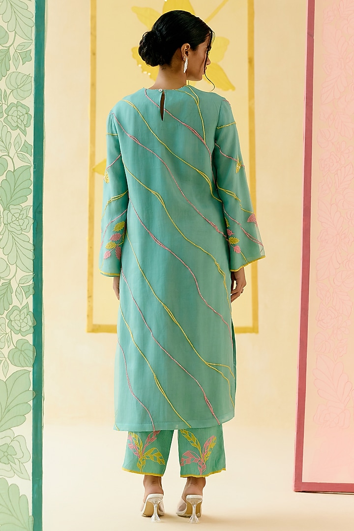 Mint Silk Organza Floral Applique Work Kurta Set by I AM DESIGN at Pernia's Pop Up Shop