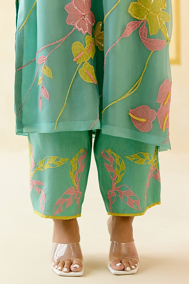 Mint Silk Organza Floral Applique Work Kurta Set by I AM DESIGN at Pernia's Pop Up Shop