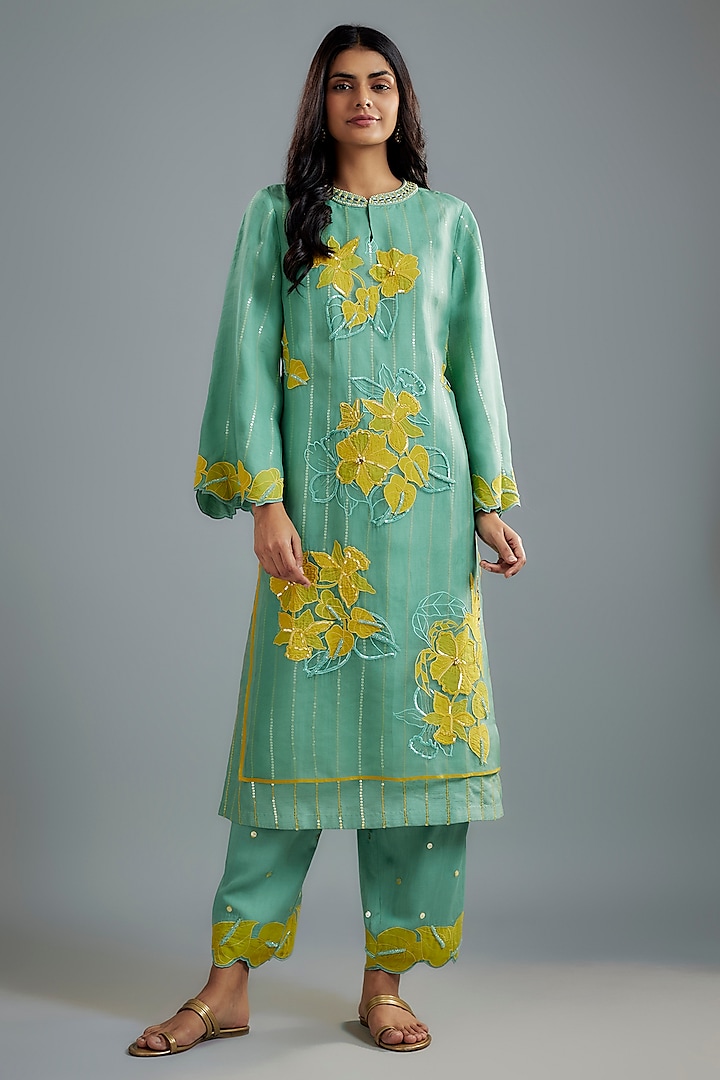 Mint Silk Organza Mirror Work Layered Kurta Set by I AM DESIGN at Pernia's Pop Up Shop